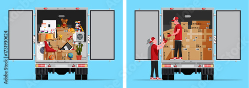 Moving truck loaded with household items and two men loading boxes. Delivery service and home relocation concept.