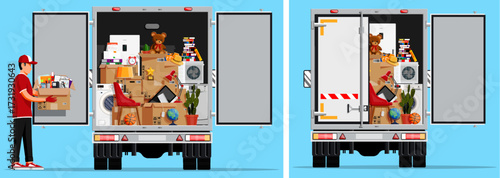 Man deliver box to truck with household items. Moving home concept. House relocate service for courier company.
