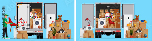 Man mover carries red chair to moving truck with cardboard boxes. Relocation service. House moving and new house concept.