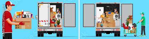 Man holding box of office supplies. Delivery truck loaded with household items and appliances. Moving and relocation service.