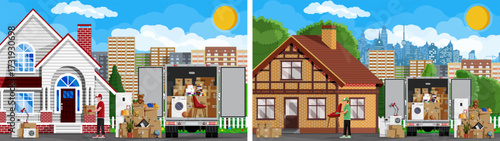 Man moving with loaded truck near new house. Cardboard boxes on moving day with flat style art. Relocation service.