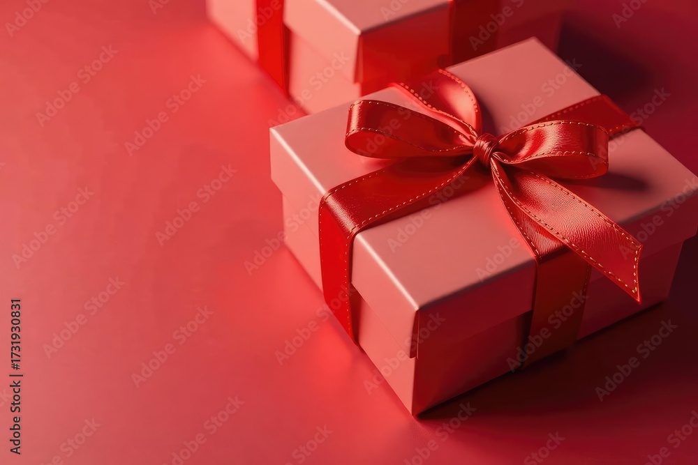 Fototapeta premium Elegant red ribbon tied gift boxes, gold accents, illustration, stylish