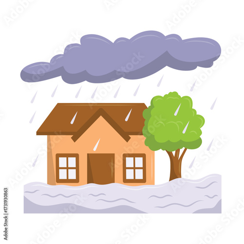 Flood cartoon vector illustration, flood clip art, flood disaster image, natural disaster vector icon, isolated on white background, flooded house clipart