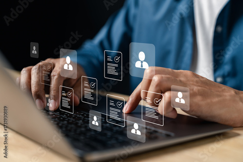 Human resource management system showing job interview and candidate resume analysis through digital interface. Ideal for recruitment platforms, applicant screening, and employee evaluation systems.