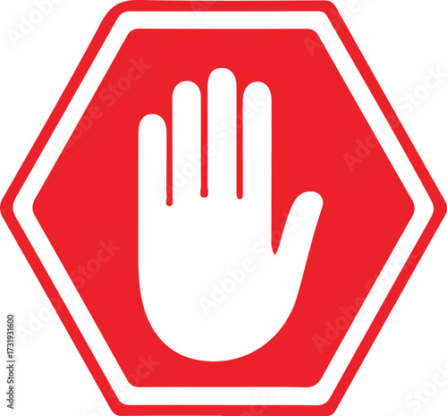 Red stop sign with open hand symbol indicating halt or warning isolated on transparent background.Red stop sign with hand icon.