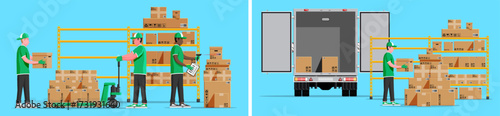 Warehouse man with hand pallet truck and another man scanning package. Logistics concept, delivery service.