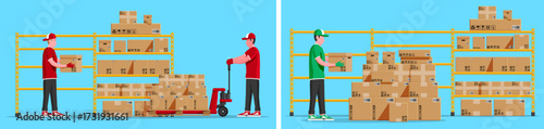 Warehouse worker putting box on shelf and another man with pallet truck moving box. Delivery service and shipping concept.