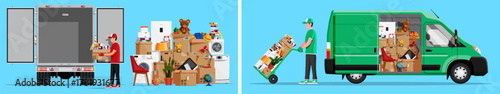 Mover man loading boxes and household appliances into a truck and van. Moving house and office service. Delivery or relocation concept.