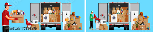 Man holding cardboard box with office supplies. Moving service with truck full of carton boxes and household items. Relocation concept.