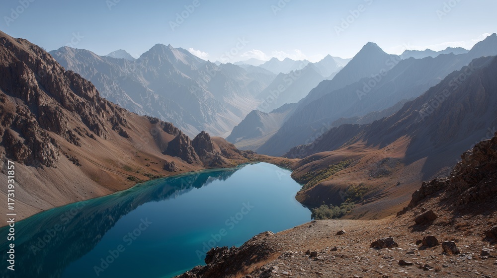 Fototapeta premium The mountain lake sits between rugged mountain slopes, reflecting the surrounding mountain peaks. The lake and rocky terrain extend towards distant layered mountain ranges.