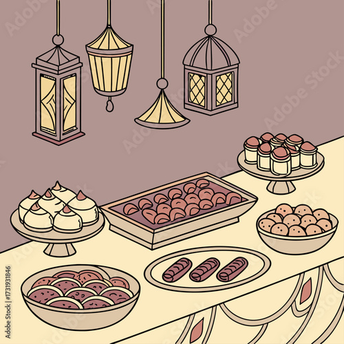 Luxurious Ramadan iftar table spread with lanterns, assorted savory and sweet dishes, glowing ambient lighting