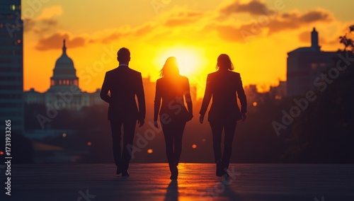 Wallpaper Mural Three figures in suits walk away from camera toward sunset, city backdrop with government building Torontodigital.ca