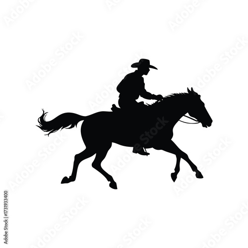 Silhouette of a cowboy riding a horse at full gallop on white, horse and rider in rodeo black silhouette vector illustration