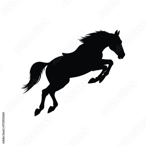 Dynamic black silhouette of a powerful horse leaping against a white background, horse jumping in competition silhouette vector illustration