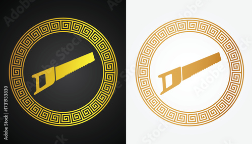 Vector image of a chainsaw logo with beautiful and cool gold color variations with a cool circle motif with a black and white background for various design and branding purposes.
