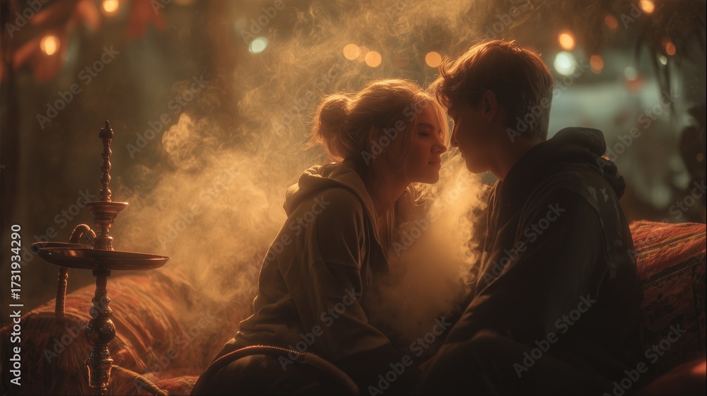 Fototapeta premium A man and woman sit closely, with smoke from a hookah drifting around them. The hookah emits smoke as the man and woman relax in a warm, ambient setting.