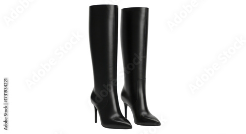 Pair of high heeled black leather knee high boots isolated PNG with Transparent Background