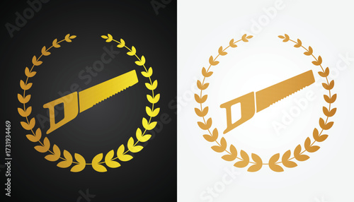 Vector image of a chainsaw logo with beautiful and cool gold color variations with a cool circle motif with a black and white background for various design and branding purposes.