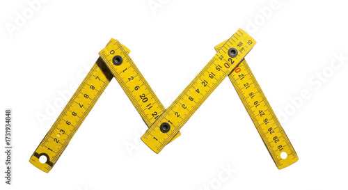 Yellow folding ruler creating the letter M isolated PNG with Transparent Background