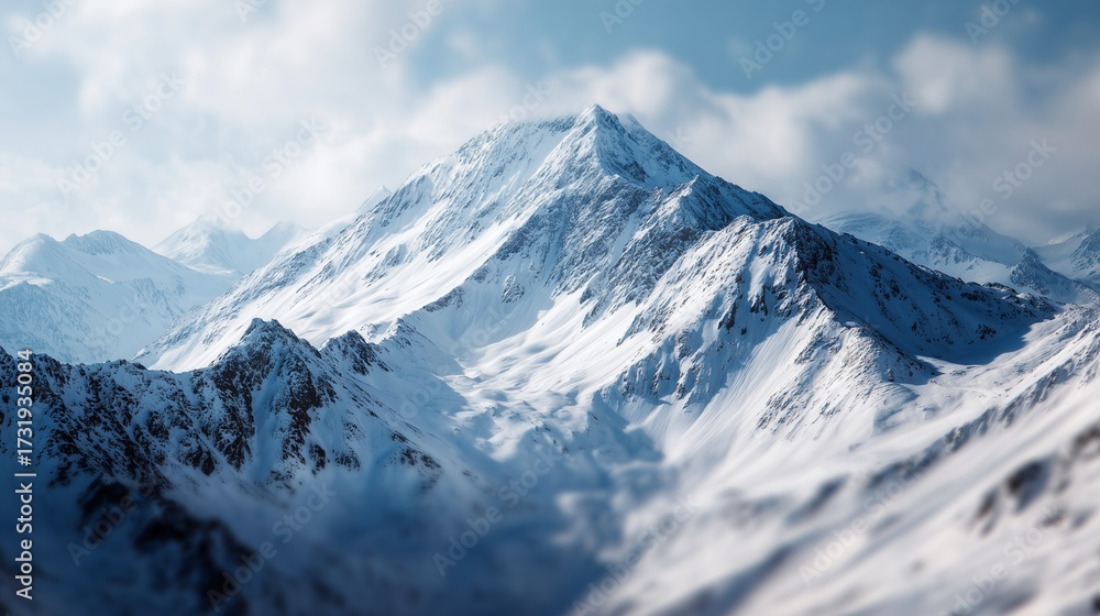 Obraz premium Snow-covered mountains rise sharply against a cloudy sky, creating contrast between the mountains and the soft clouds. The snowy peaks and rugged slopes define the icy scene.