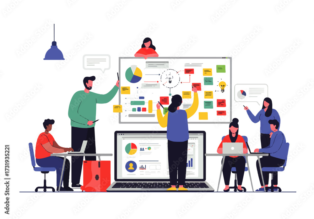 Fototapeta premium A diverse group of people collaborating on a project, analyzing data on a whiteboard and laptops in a modern office setting.