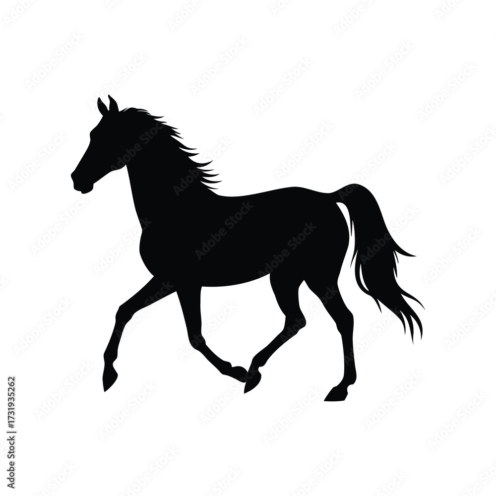 Obraz premium Elegant Silhouette of a Horse in Motion with Flowing Mane and Tail, horse trotting silhouette vector illustration