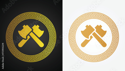 Vector image of an axe logo with beautiful and cool gold color variations with a cool circle motif with a black and white background for various design and branding purposes.