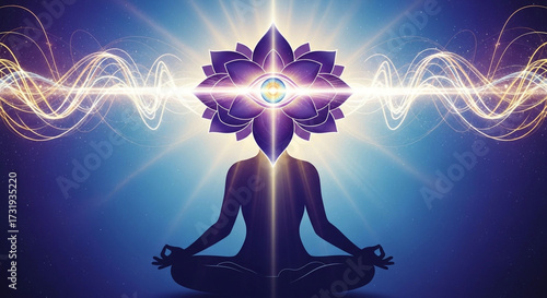 Meditating silhouette with a glowing crown chakra, representing spiritual awakening, energy flow, and inner peace during a yoga session