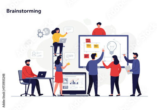 A team of diverse professionals brainstorms ideas around a whiteboard, using laptops and sticky notes in a collaborative office environment.