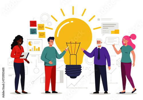 A diverse group of people collaborate around a large lightbulb, symbolizing innovation and teamwork, with charts and data visualizations in the background.