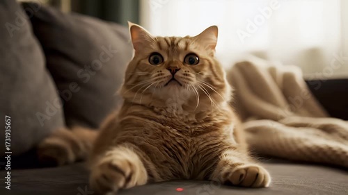 Wallpaper Mural Curious ginger tabby cat with wide eyes intently focused on something on a cozy gray sofa at home Torontodigital.ca