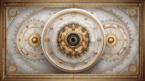 Ornate circular ceiling design featuring intricate gold patterns and a central eye motif