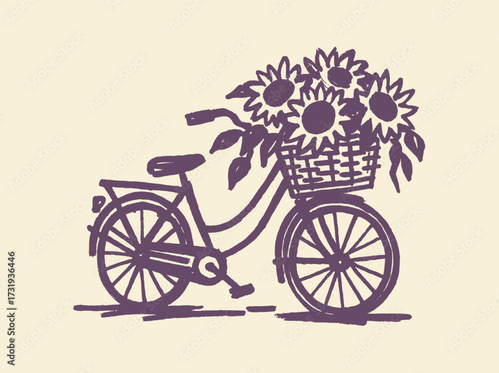 Fototapeta premium Bicycle with sunflowers sketch style vector illustration