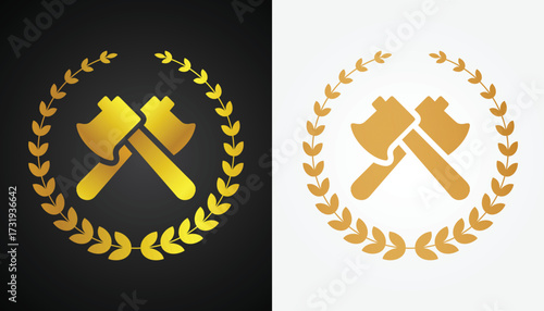 Vector image of an axe logo with beautiful and cool gold color variations with a cool circle motif with a black and white background for various design and branding purposes.