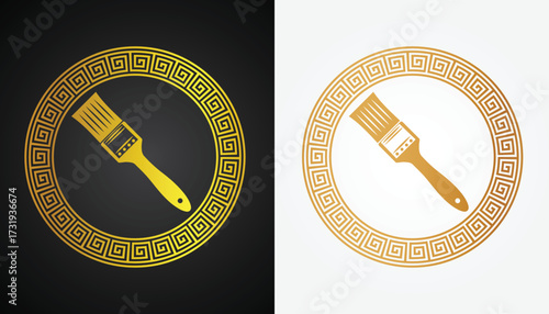 Vector image of a paint brush logo with beautiful and cool gold color variations with a cool circle motif with a black and white background for various design and branding purposes.