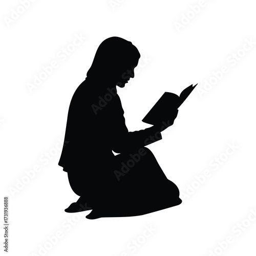 Silhouette of a kneeling woman engrossed in reading an open book, muslim woman reading quran silhouette vector illustration