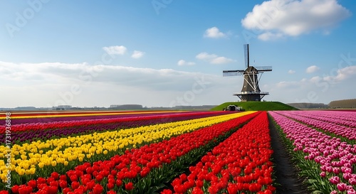 Dutch Windmill and Colorful Tulip Fields.