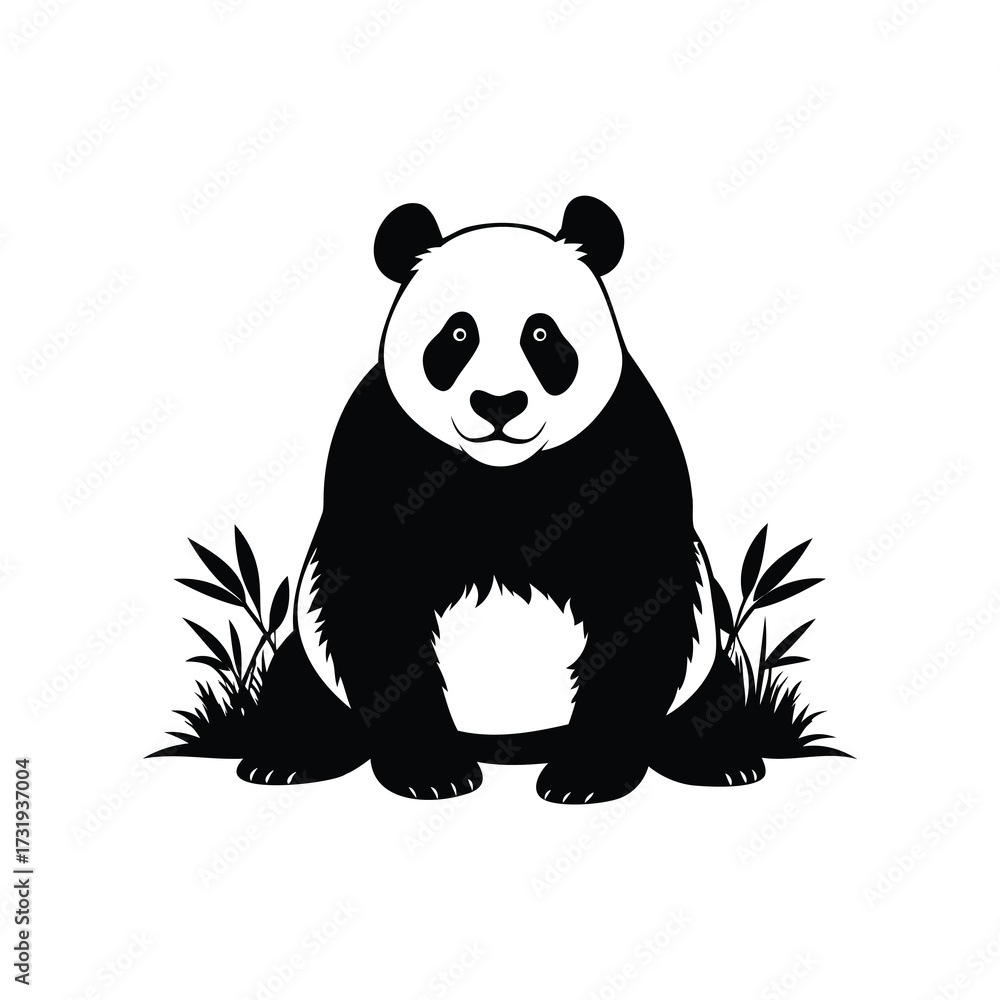 Fototapeta premium Stylized Black and White Panda Bear Illustration with Bamboo Plants Around It, panda in natural habitat silhouette vector illustration