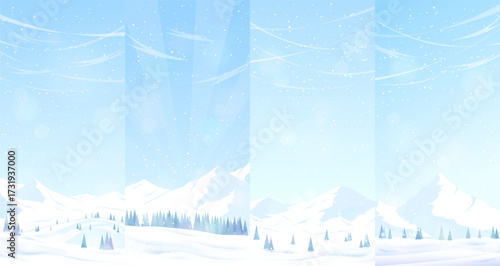 Collection of winter landscapes with snowy mountains and hills. Frosty winter day. Design for tourist advertising banners, greeting cards. Vector image.