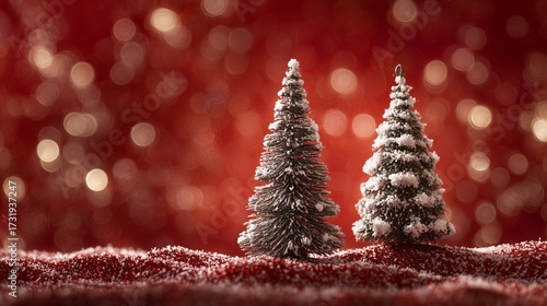 Two Christmas trees covered in snow stand on red glittery ground. The Christmas trees glow softly against a blurred background of warm, festive lights.