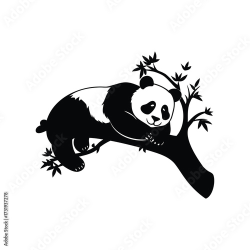 Monochrome illustration of a panda bear resting peacefully in a tree branch, panda sleeping tree silhouette vector illustration