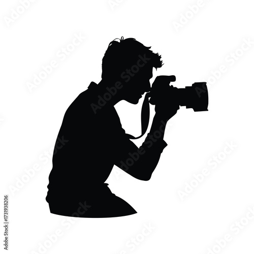 Silhouette of a focused young photographer holding a camera and taking a shot, photographer reviewing photos camera silhouette vector illustration