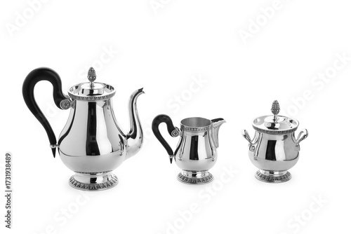 Elegant Silver Tea Set with Teapot, Creamer, and Sugar Bowl on White Background