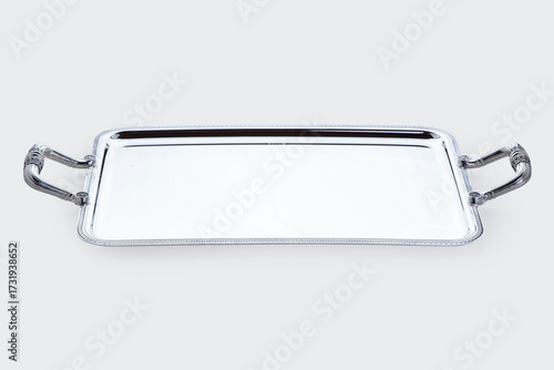 Elegant Rectangular Silver Serving Tray with Ornate Handles on White Background