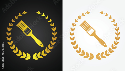 Vector image of a paint brush logo with beautiful and cool gold color variations with a cool circle motif with a black and white background for various design and branding purposes.