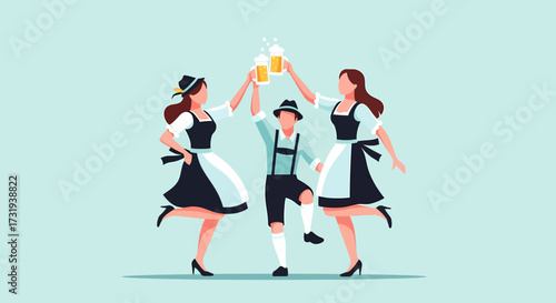 Flat vector oktoberfest celebration with people toasting beer mugs