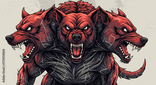 Illustration of three-headed red dog snarling fiercely with sharp teeth illustration