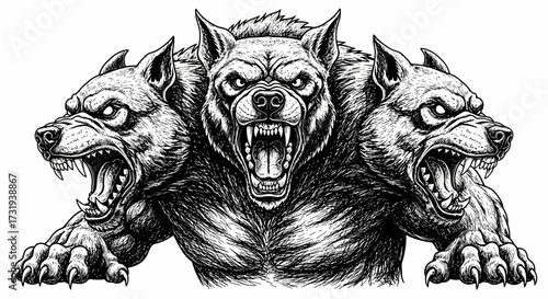 Detailed drawing Cerberus three-headed dog mythical beast guarding underworld