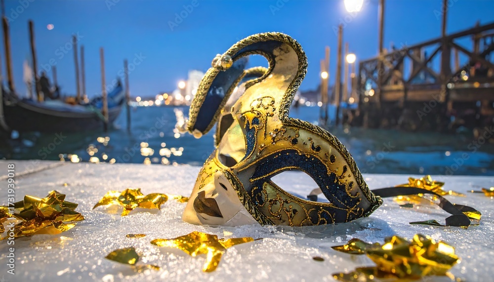 Fototapeta premium Elegant Venetian Carnival Mask Adorned with Gold and Blue on an Icy Surface, with a Blurry Canal Background at Dusk