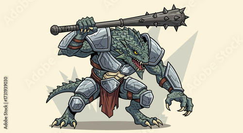 Cartoon illustration of a reptile warrior in armor holding mace character